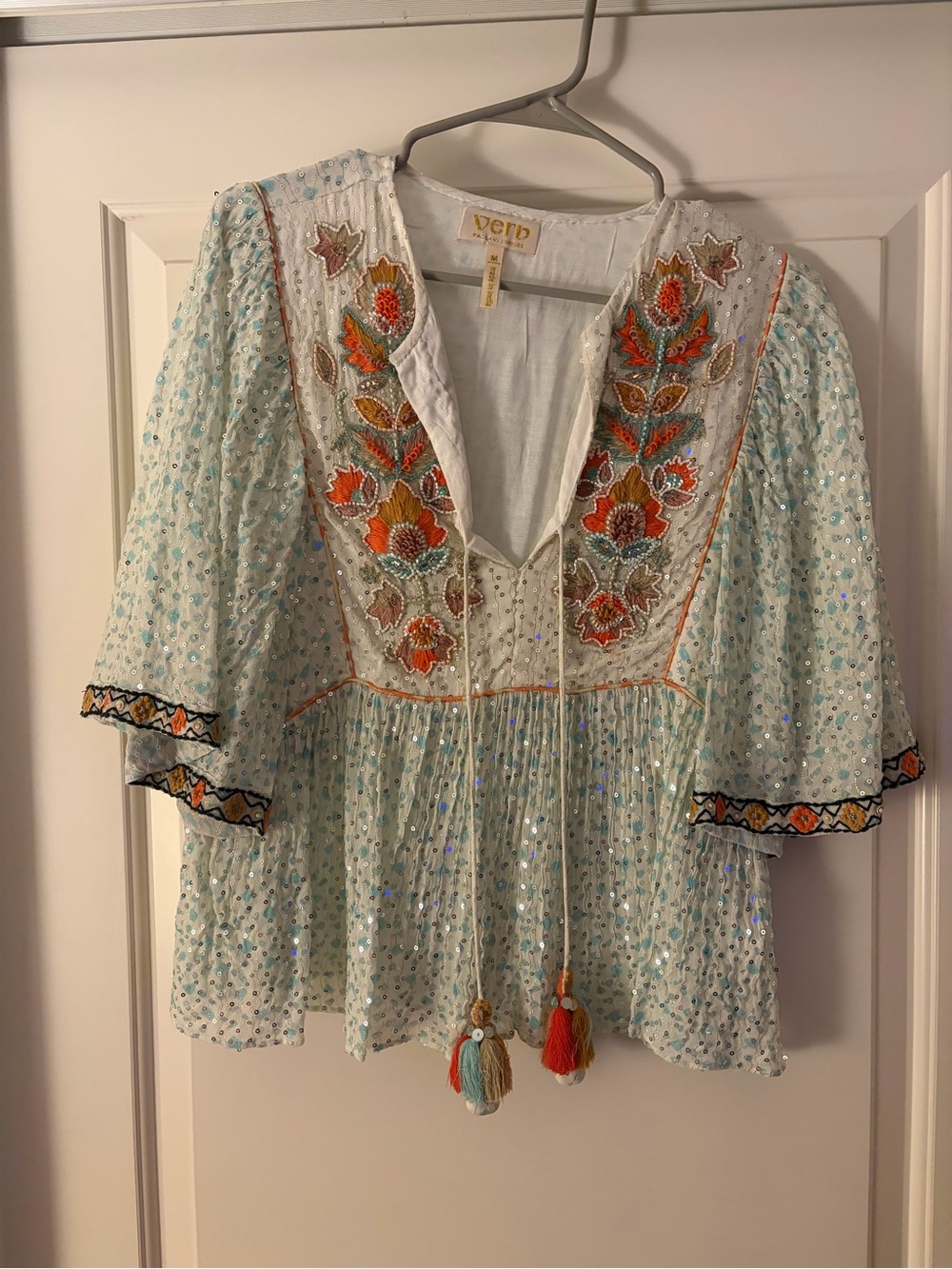 Anthropologie Light Blue Embroidered Tassel Peasant Top